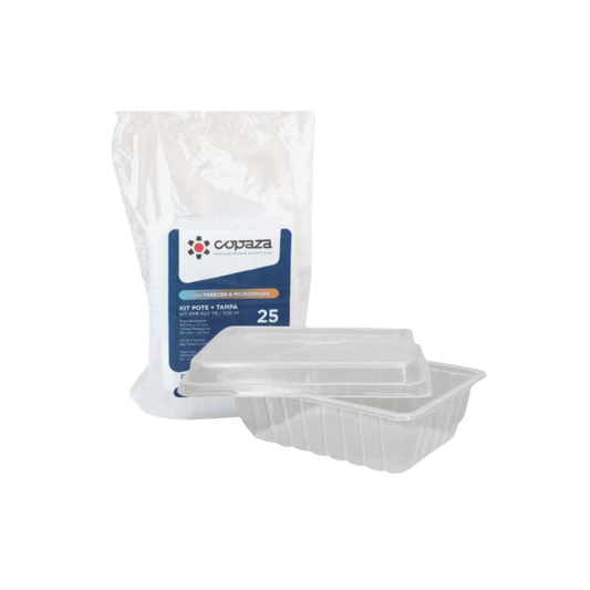 Pote de 500ml Retangular Translúcido com sobretampa Elevada Copaza com 25 unidades - e - dona