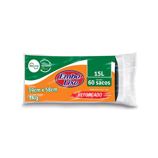 Saco de Lixo 15 litros Preto Reforçado Embalixo com 60 unidades - e - dona