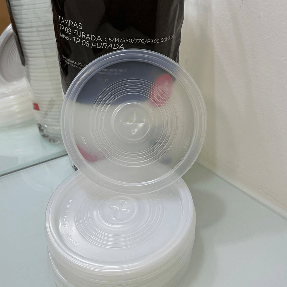 Tampa P08 para Copo 550/700/770 e pote 500/400/300 Translúcida com furo Copaza com 50 unidades - e - dona