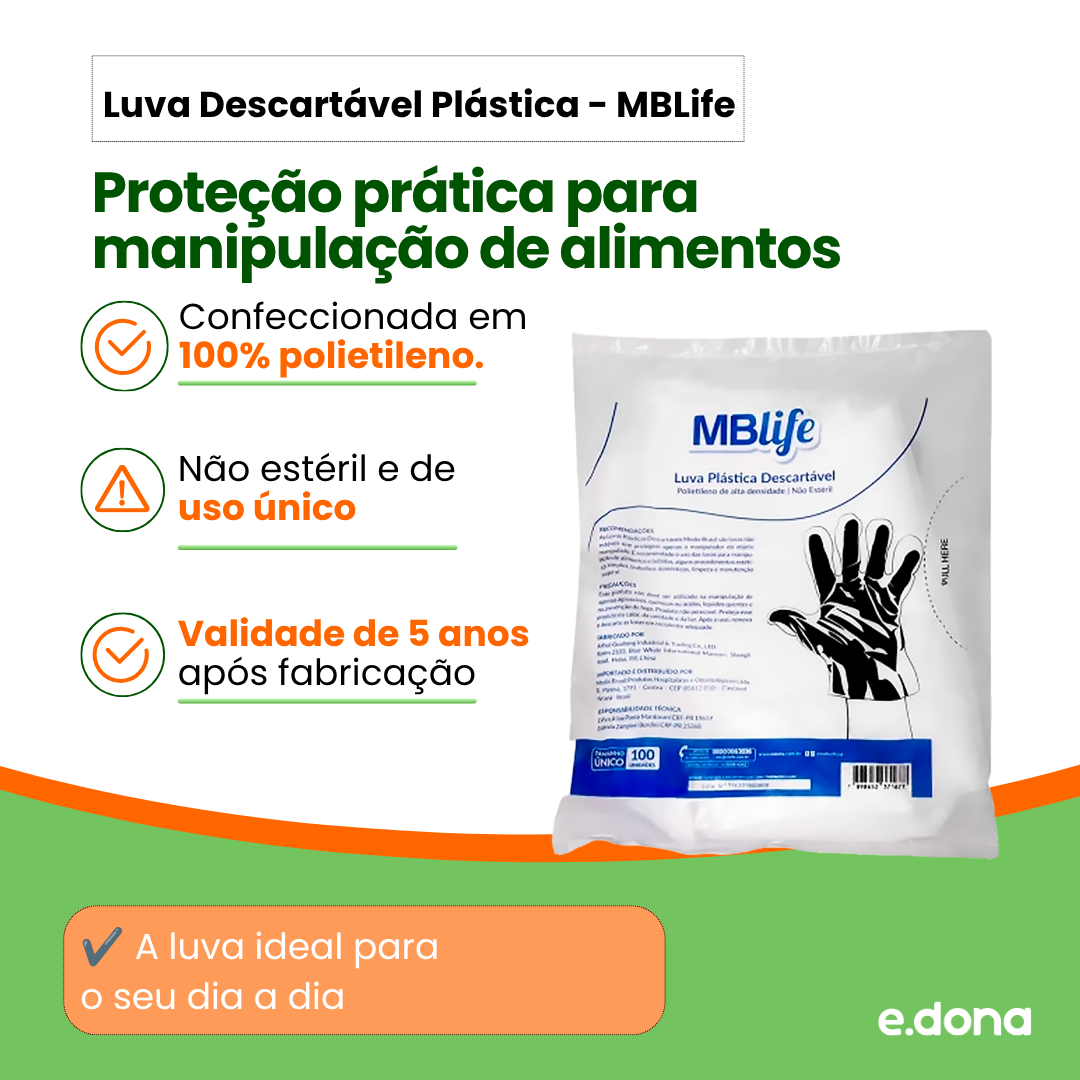 Luva Descartável Plástica MBLife 100 Unidades