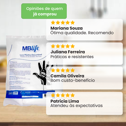 Luva Descartável Plástica MBLife 100 Unidades