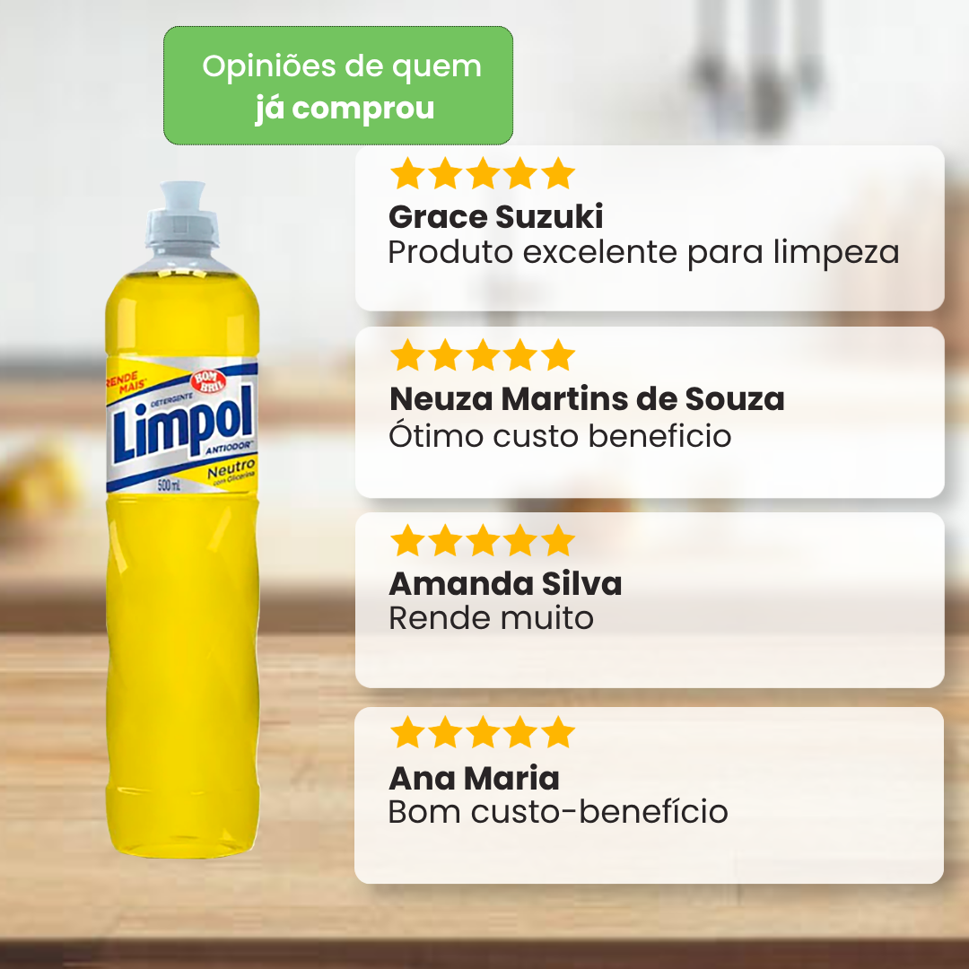 Frasco de detergente neutro Limpol 500 ml acompanhado de avaliações positivas de clientes que destacam a eficiência na limpeza, o rendimento e o custo-benefício.