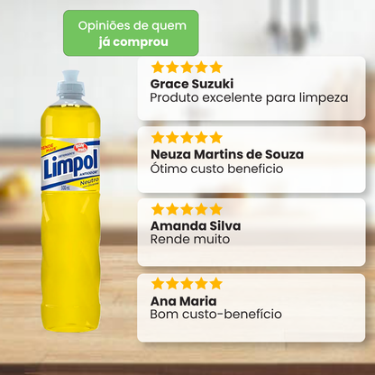 Frasco de detergente neutro Limpol 500 ml acompanhado de avaliações positivas de clientes que destacam a eficiência na limpeza, o rendimento e o custo-benefício.