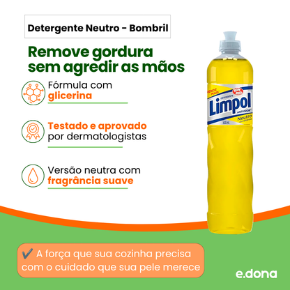 Detergente neutro Limpol de 500 ml, com fórmula com glicerina, fragrância suave e indicação de teste e aprovação dermatológica.