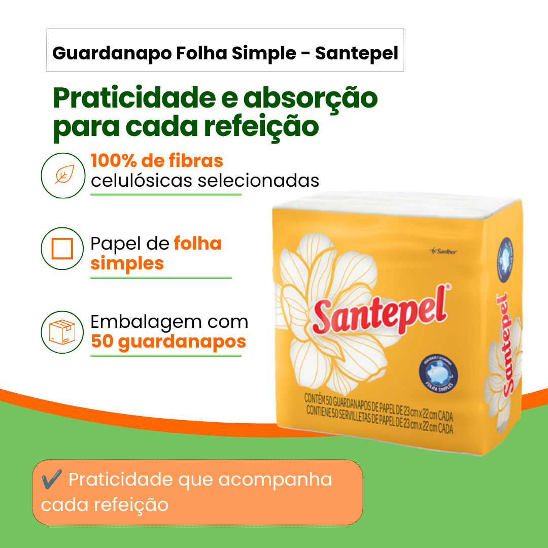 Guardanapo Folha Simples Santepel 23x22 cm – Pacote com 50 Unidades