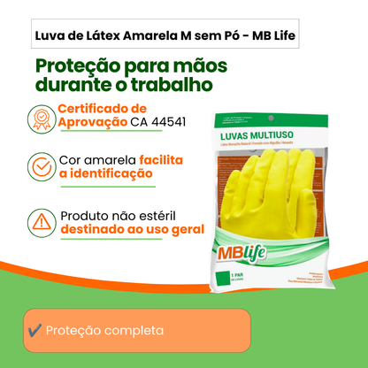 Luva de Látex Amarela M sem Pó MB Life