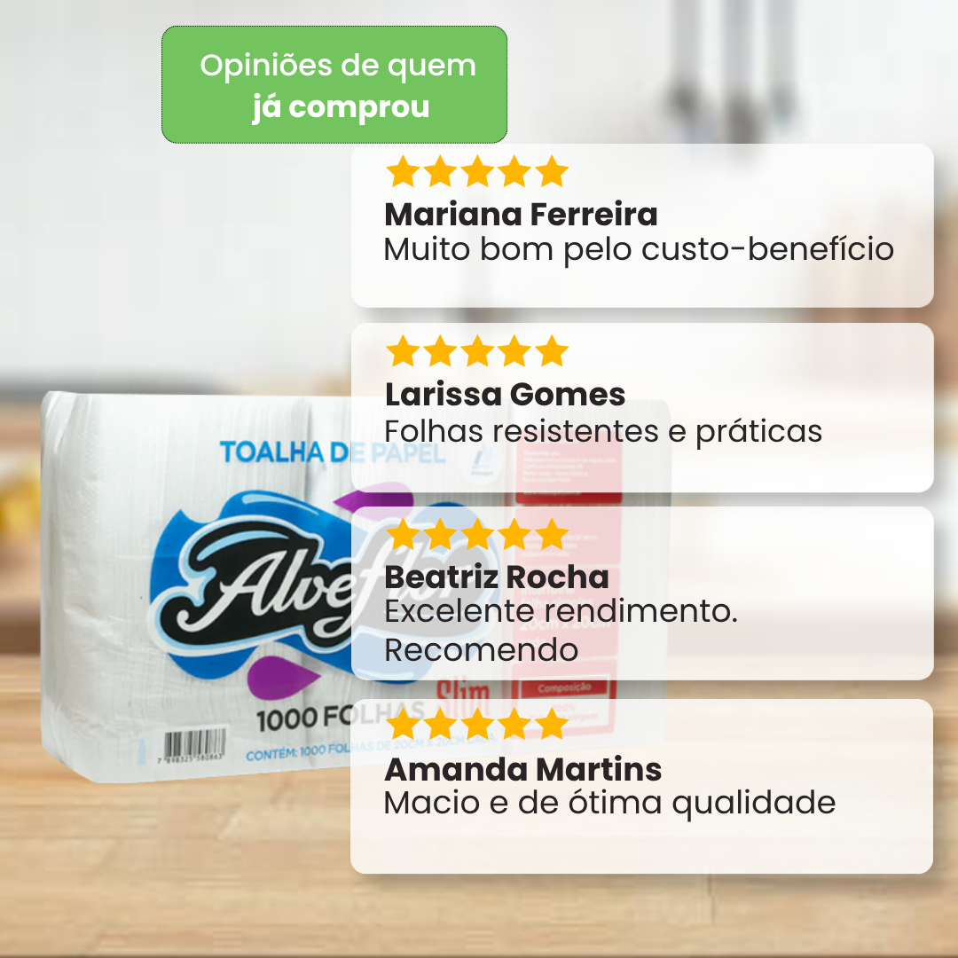 Avaliações de clientes sobre o Papel Interfolha Alveflor Slim, destacando o custo-benefício, a resistência, a praticidade e a qualidade do produto.