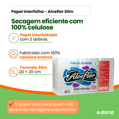 Papel Interfolha Alveflor Slim com duas dobras, 100% celulose branca e formato Slim de 20 × 20 cm, ideal para secagem eficiente.