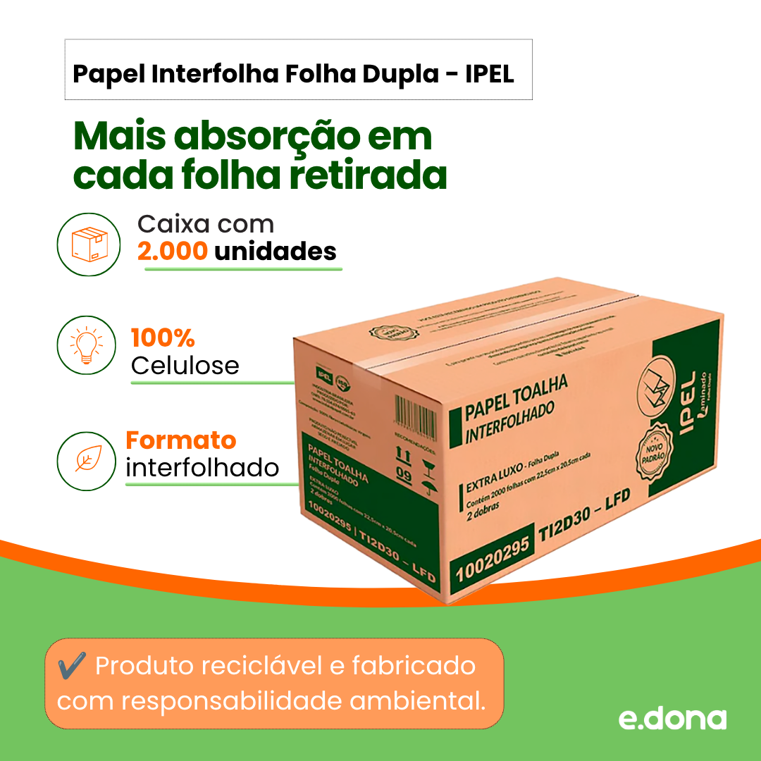 Papel Toalha Interfolha Folha Dupla 100% Celulose IPEL – 2.000 Folhas