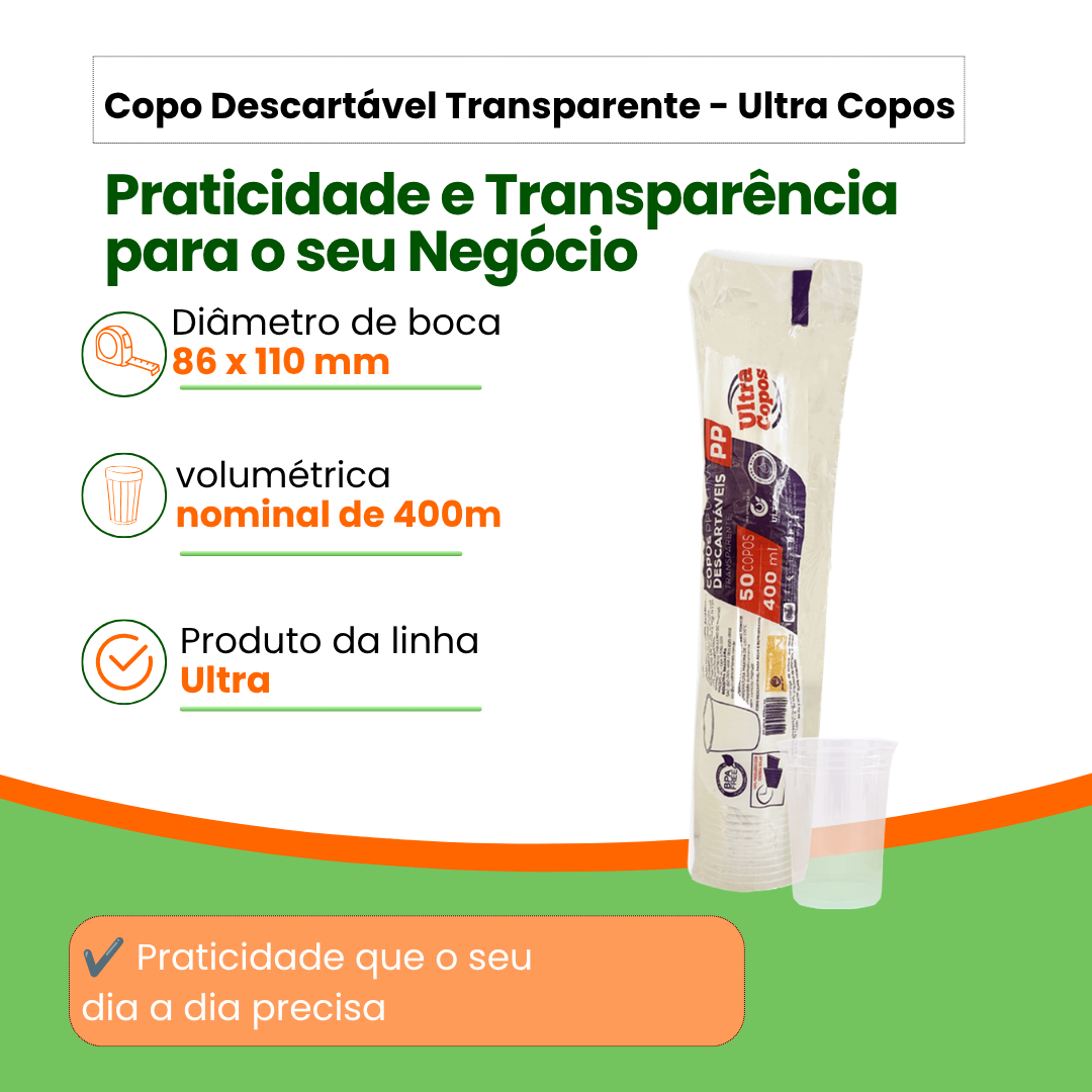 Copo Descartável 400ml Transparente PP Liso 50 Unidades | Ultra Copos Replast