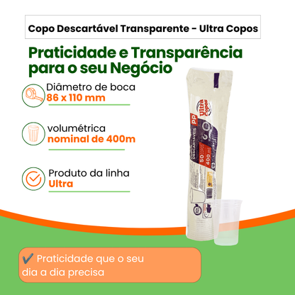 Copo Descartável 400ml Transparente PP Liso 50 Unidades | Ultra Copos Replast
