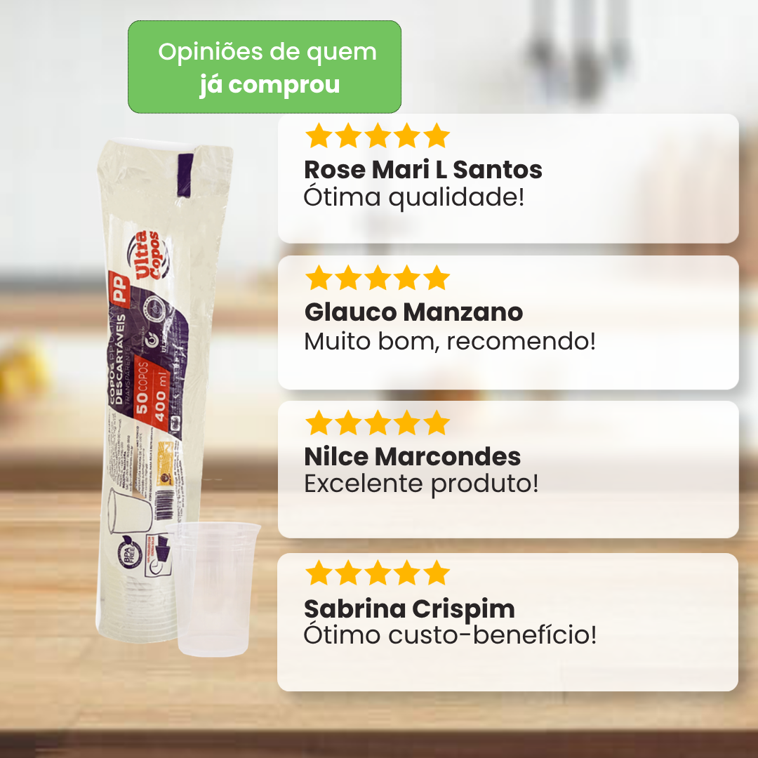 Copo Descartável 400ml Transparente PP Liso 50 Unidades | Ultra Copos Replast