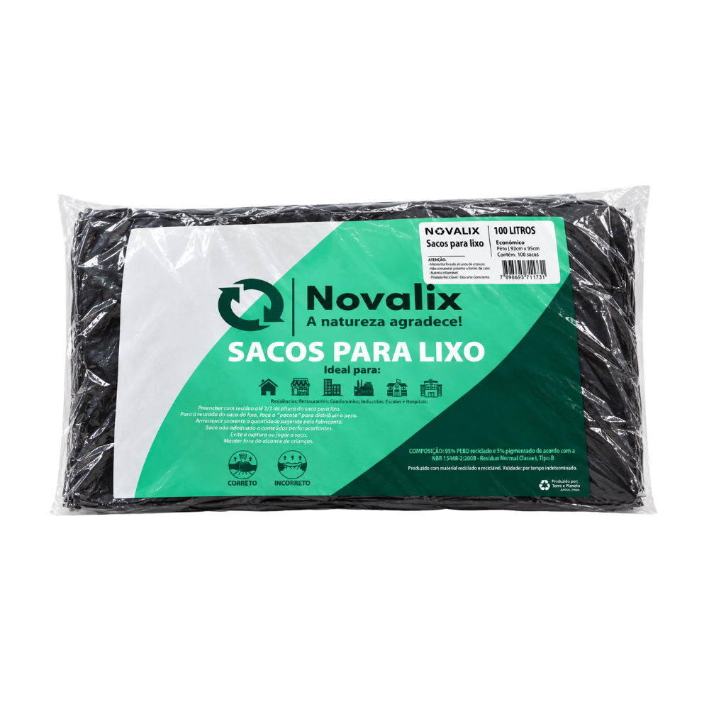 Saco para Lixo 100 Litros Preto Reforçado Novalix Ord 18 (92 cm x 95 cm)
