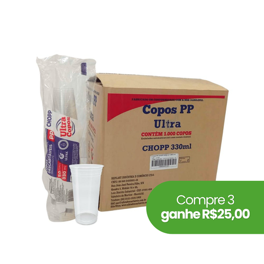 Copo Descartável de 330ml Liso Transparente PP Ultra Copos Replast com 1.000 unidades