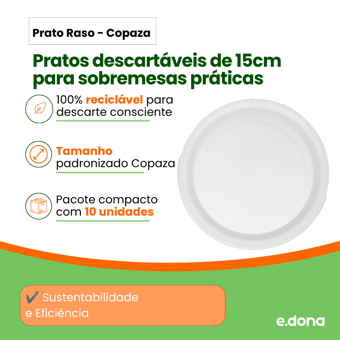 Prato Branco Raso 15cm Copaza para Sobremesa com 10 Unidades