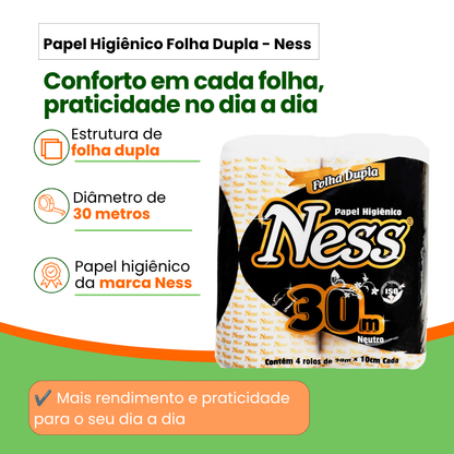 Papel Higiênico Folha Dupla Ness com 4 Rolos de 30 Metros