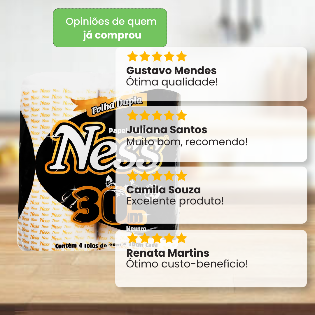 Papel Higiênico Folha Dupla Ness com 4 Rolos de 30 Metros