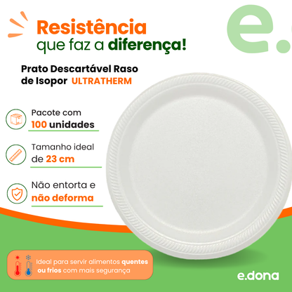 Prato Descartável Raso de Isopor 23cm para Refeições com 100 unidades Ultratherm