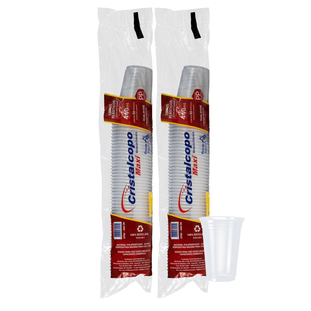 2 Pacotes de Copo 440ml PP Translúcido cristalino Liso Cristalcopo com 50 unidades - e - dona