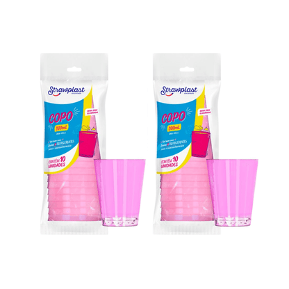 2 Pacotes de Copo Acrílico Rosa Neon 200ml Strawplast com 10 unidades - e - dona
