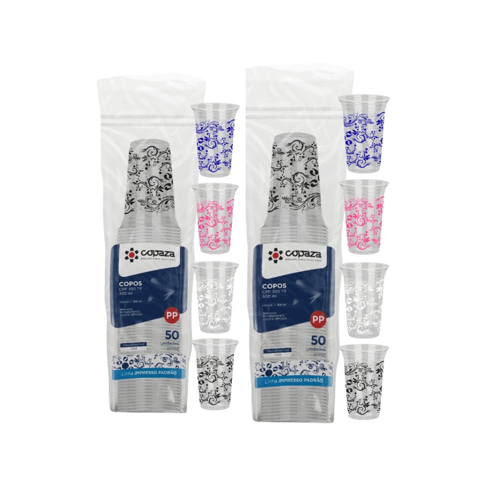 2 Pacotes de Copo de 300ml Arabesco PP Copaza com 50 unidades - Cores Sortidas - e - dona