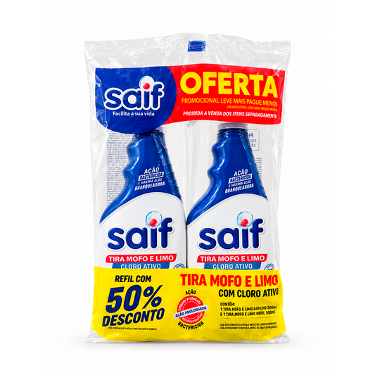Embalagem plástica promocional do kit Saif Tira Mofo e Limo com Cloro Ativo, contendo um frasco de 500ml e um refil, com destaque de 50% de desconto no refil.