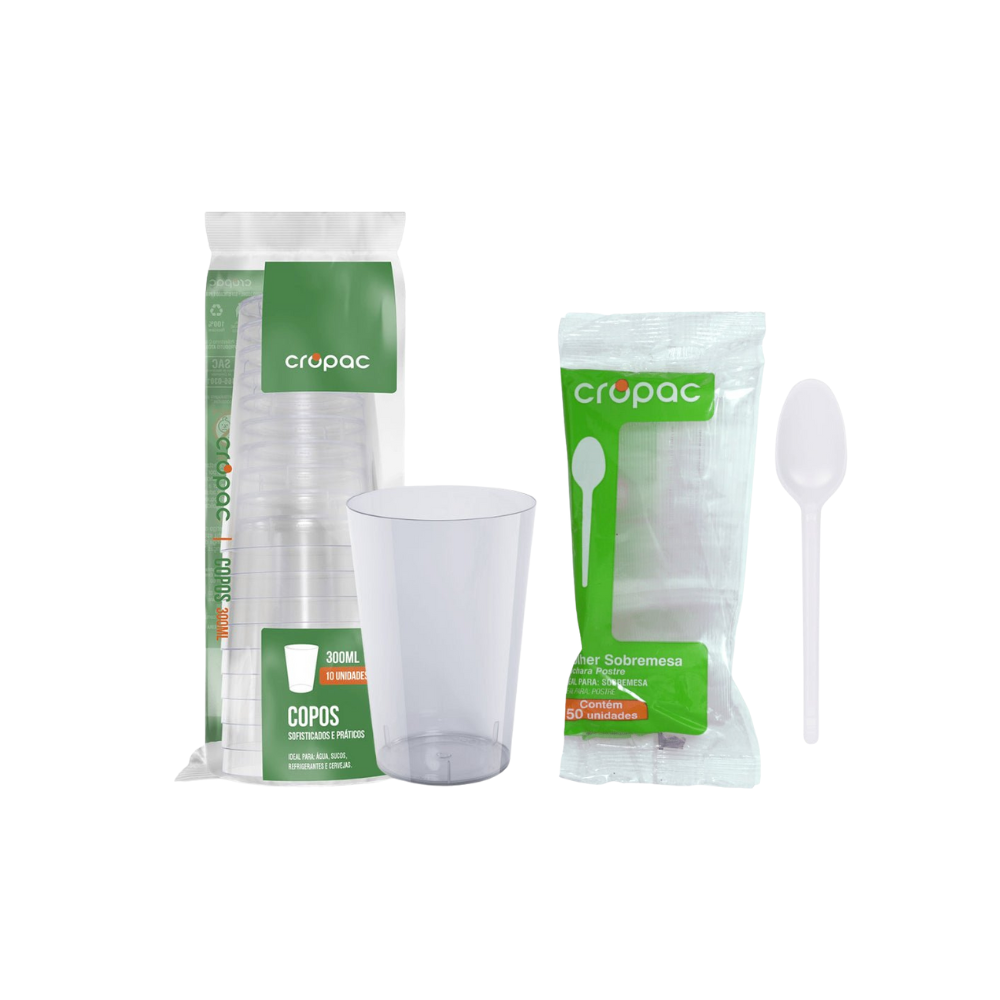 Kit Copo 300ml Cropac Translúcido com 10 Unidades + Colher Sobremesa 50 Unidades Cropac