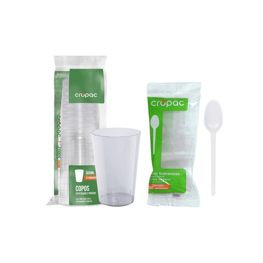 Kit Copo 300ml Cropac Translúcido com 10 Unidades + Colher Sobremesa 50 Unidades Cropac