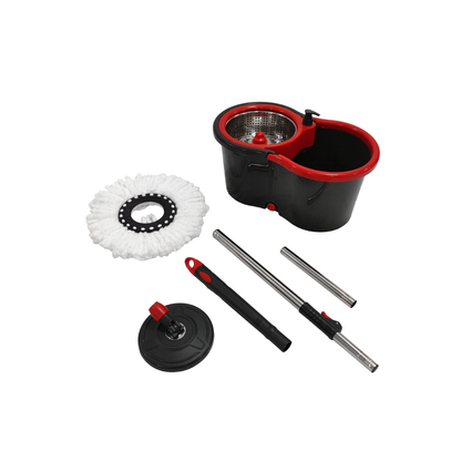 Mop giratório desmontado a exibir o balde duplo, o refil de microfibra, a base circular e as três partes do cabo ajustável.