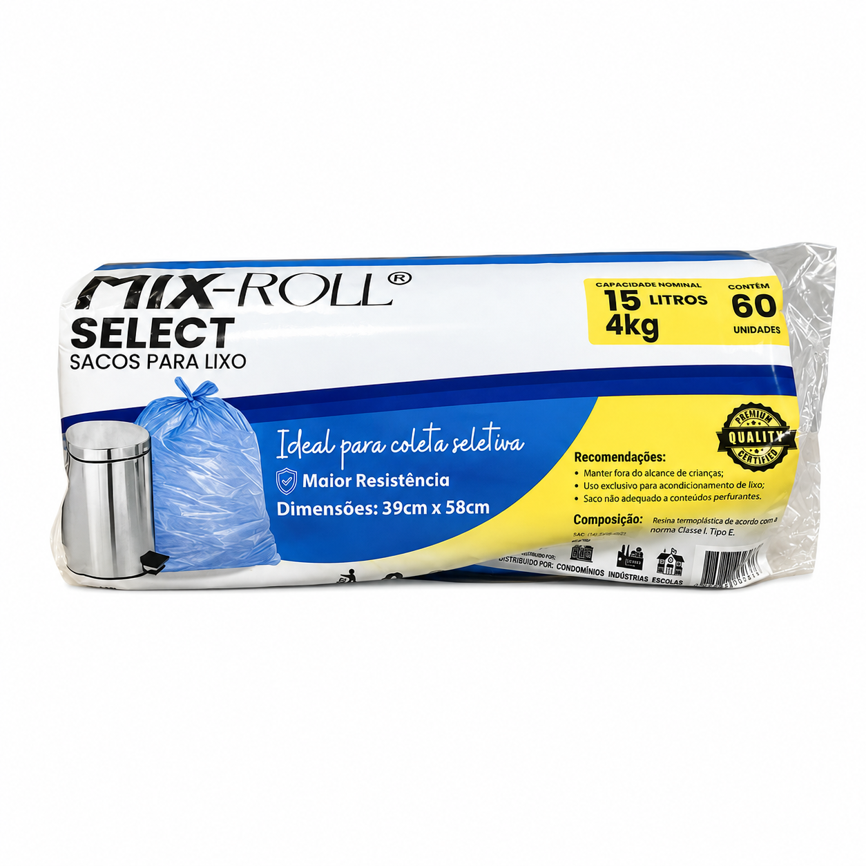 Saco para Lixo 15 Litros Azul Em Rolo Novalix com 60 Unidades