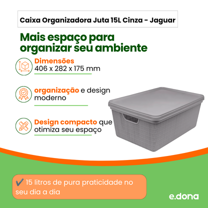 Caixa Organizadora Juta Jaguar 15L Cinza