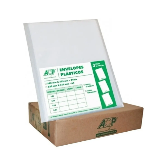 Envelope Plástico Ofício 4 Furos 0,12 Caixa com 5 Pacotes (500 Envelopes)