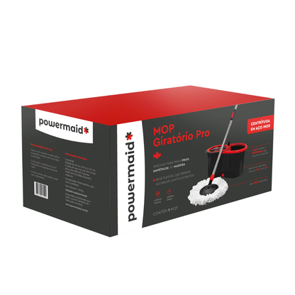 Embalagem de cartão do produto Powermaid "Mop Giratório Pro" nas cores vermelha e preta, com especificações técnicas e foto do produto montado.