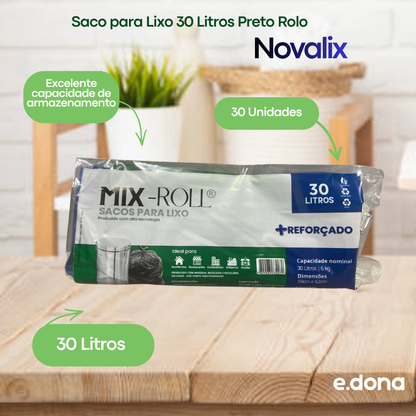 Saco para Lixo 30 Litros Preto Rolo com 30 Unidades Novalix