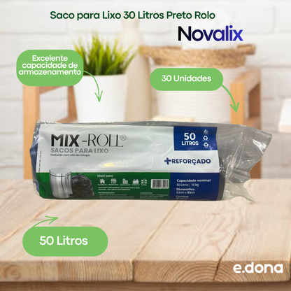Saco para Lixo 50 Litros Preto com 30 Unidades Novalix