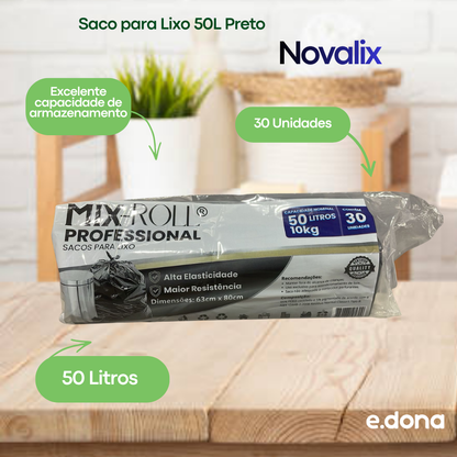 Saco para Lixo 50L Preto com 30 Unidades Novalix