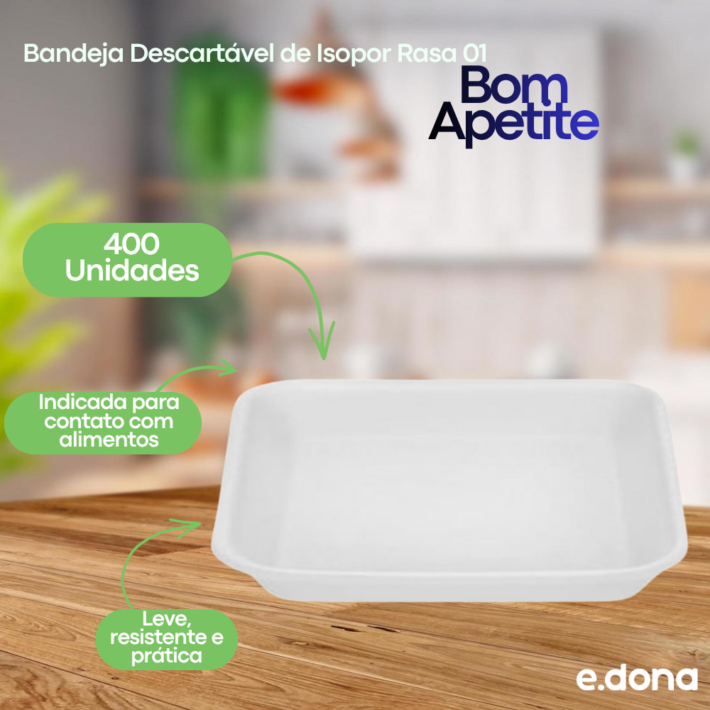 Bandeja Descartável de Isopor Rasa 01 Bom Apetite com 400 unidades