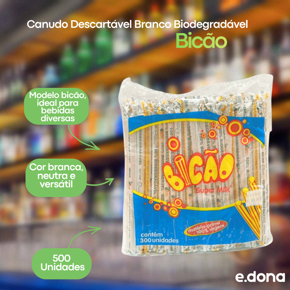 Canudo Descartável Branco Biodegradável com 500 Unidades - Bicão