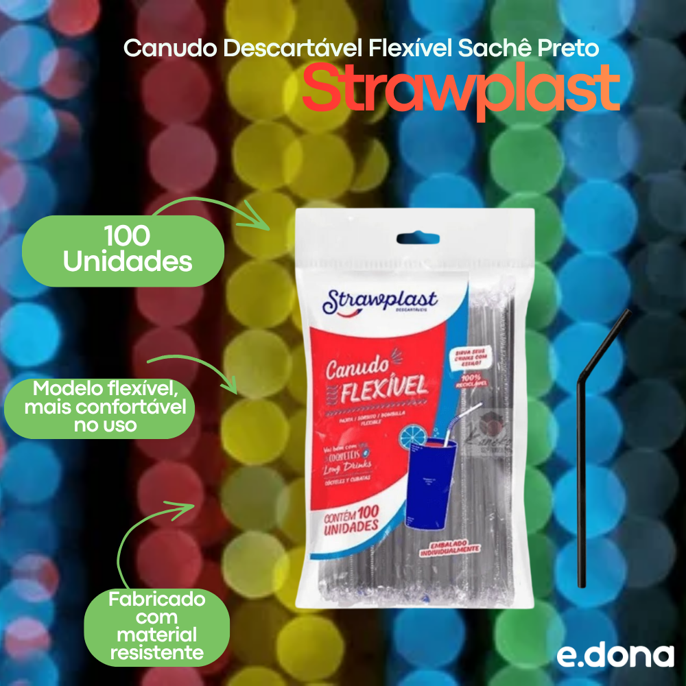 Canudo Descartável Flexível Sachê Preto Strawplast com 100 Unidades
