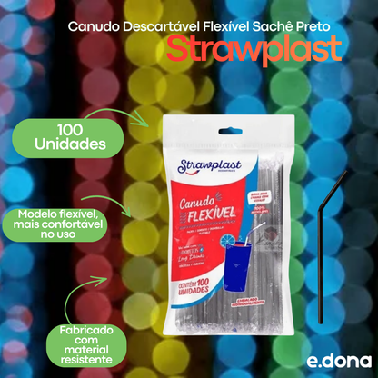 Canudo Descartável Flexível Sachê Preto Strawplast com 100 Unidades