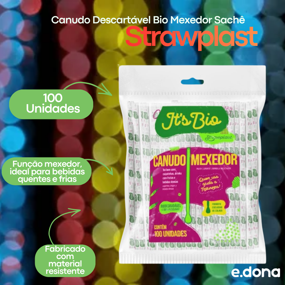 Canudo Descartável Bio Mexedor Sachê Strawplast