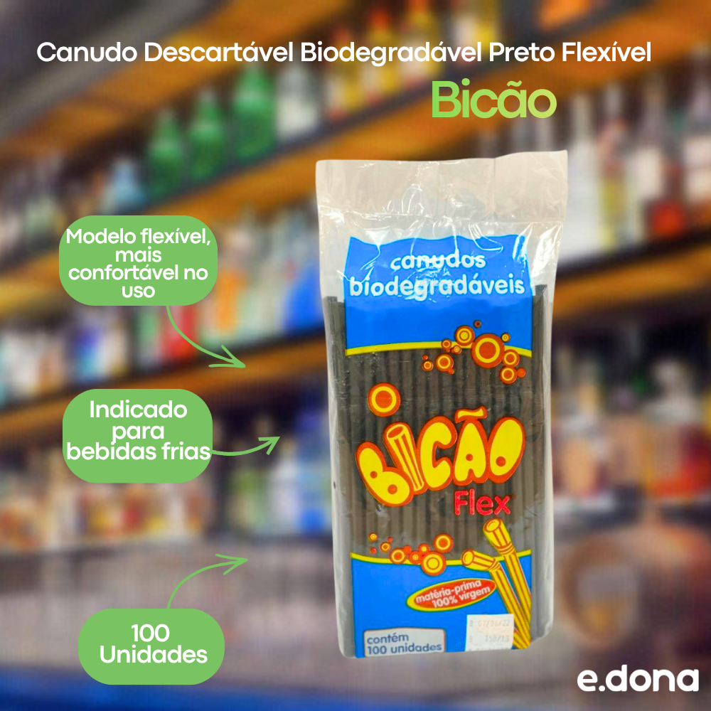 Canudo Descartável Biodegradável Preto Flexível Bicão