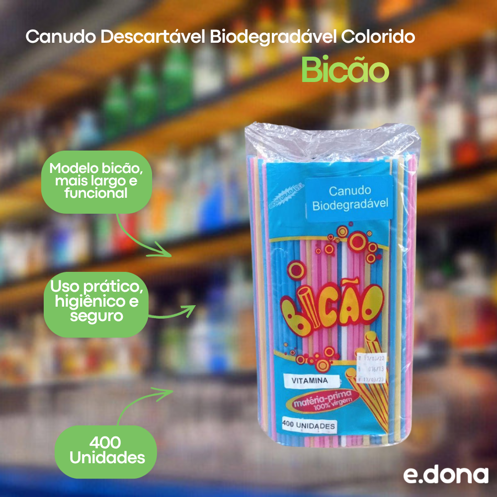 Canudo Descartável Biodegradável Colorido Bicão