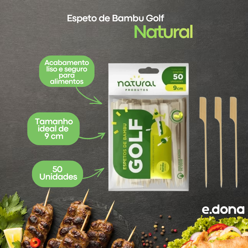 Espeto de Bambu Golf 9cm para Lanches e Petiscos com 50 unidades - Natural