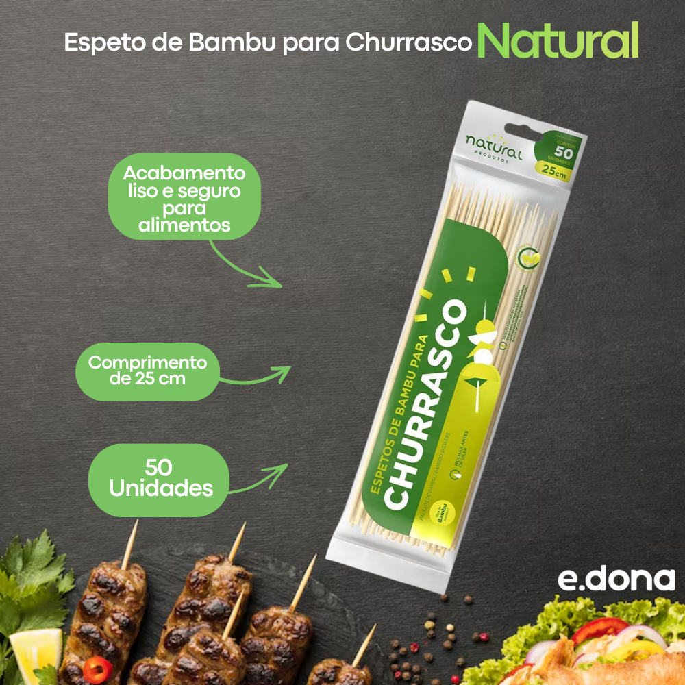 Espeto de Bambu 25cm para Churrasco com 50 unidades Natural