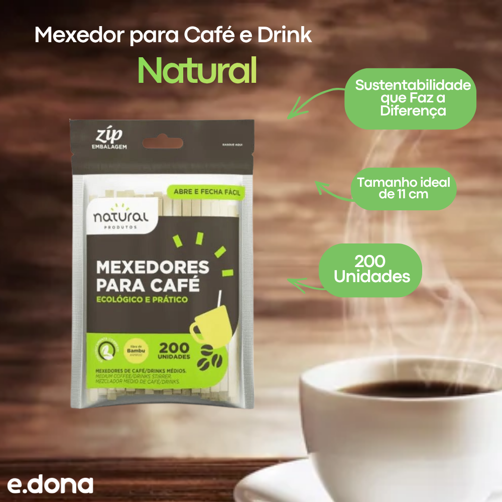 Mexedor para Café e Drink 11 cm de Bambu com 200 Unidades - Natural