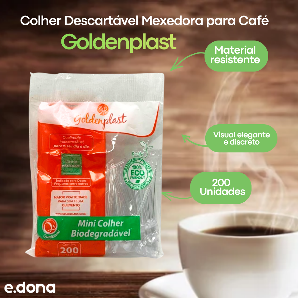 Colher Descartável Mexedora para Café Goldenplast – 200 Unidades