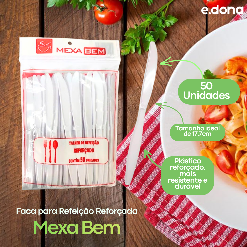 Faca para Refeição Reforçada 17,7cm Cristal Branca Mexa Bem com 50 unidades