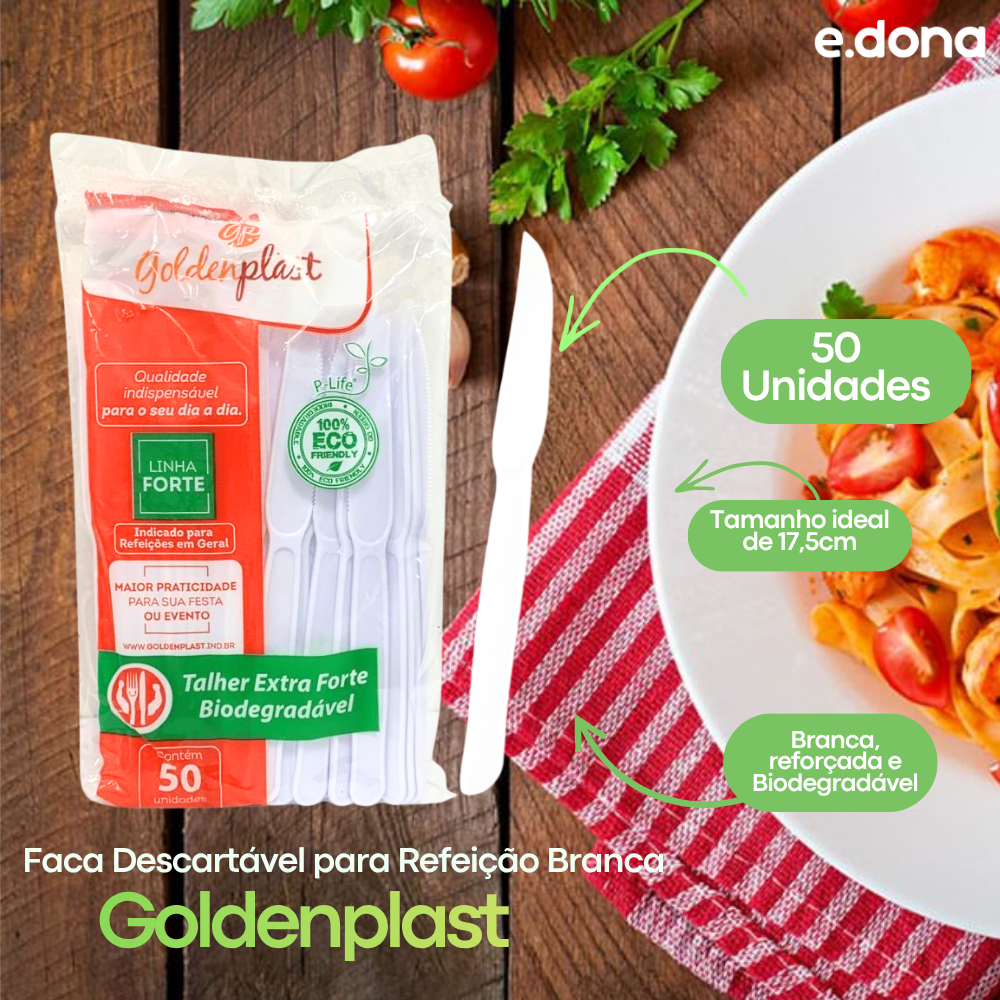 Faca Descartável para Refeição 17,5cm Branca Reforçada Biodegradável Goldenplast – 50 Unidades