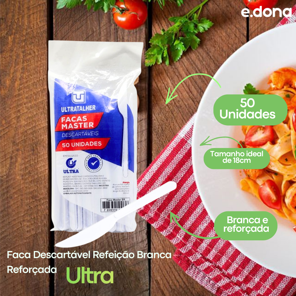 Faca Descartável Refeição Branca Reforçada Ultra – 50 Unidades